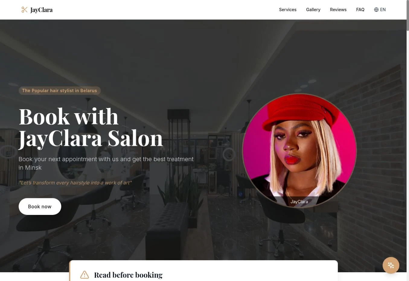 JayClara live salon website, desktop homepage