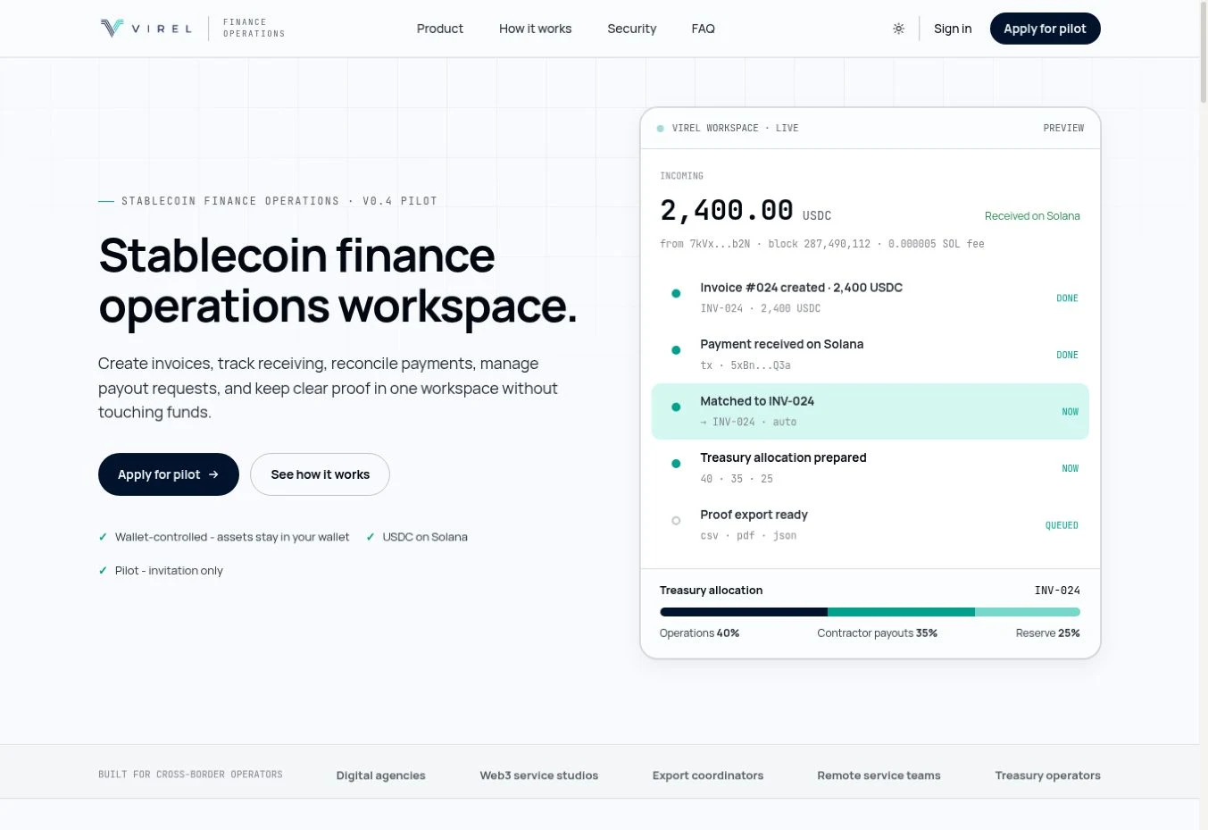 Virel public website and its illustrative workspace preview